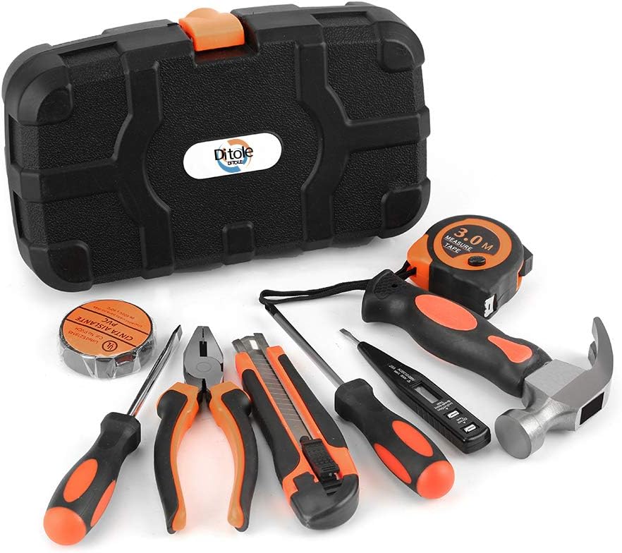 Ditole 9 Pieces Small Tool Kit with Toolbox, Basic Tool Kit for Home, Apartment Essentials for First Apartment, Dorm Room Essentials