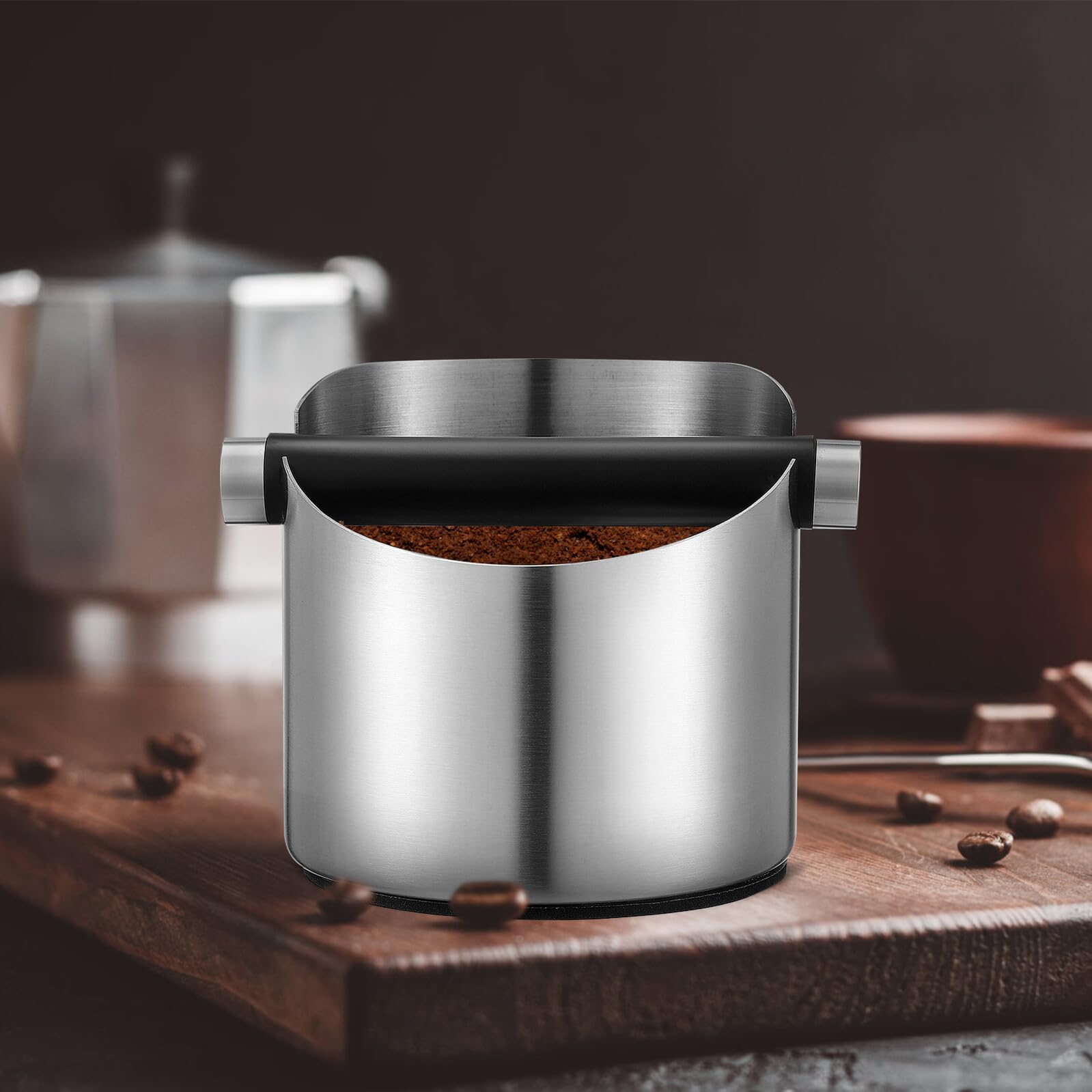 Veemoon Cubo para de Café de Acero Inoxidable 115X11 CM con Barra de Golpeo Desmontable y Base Antideslizante Negra Contenedor Práctico para Hogar Cafeterías y Bares