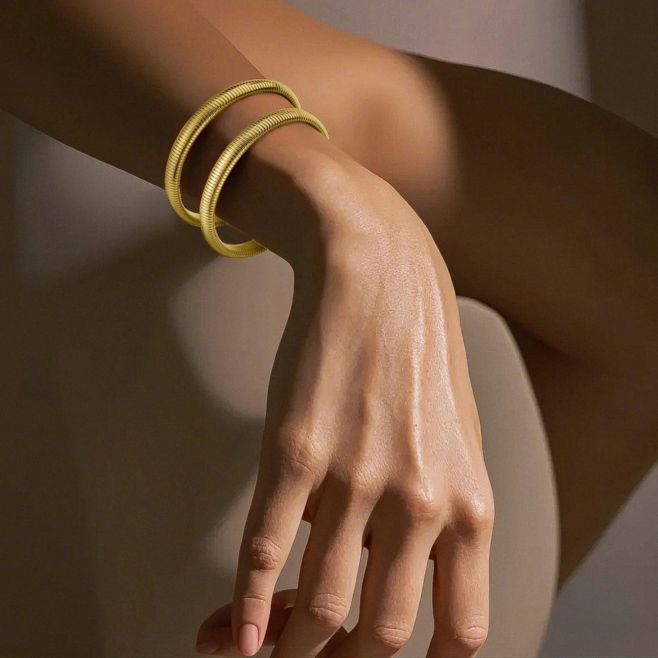 Emibele Gold Bangles Bracelet Set for Women, 18K Gold Plated Chunky Stainless Steel Non Tarnish Stretch Bracelet Stack, Flexible Wide Wristband Bangle Layered Snake Chain Bracelets - Image 4