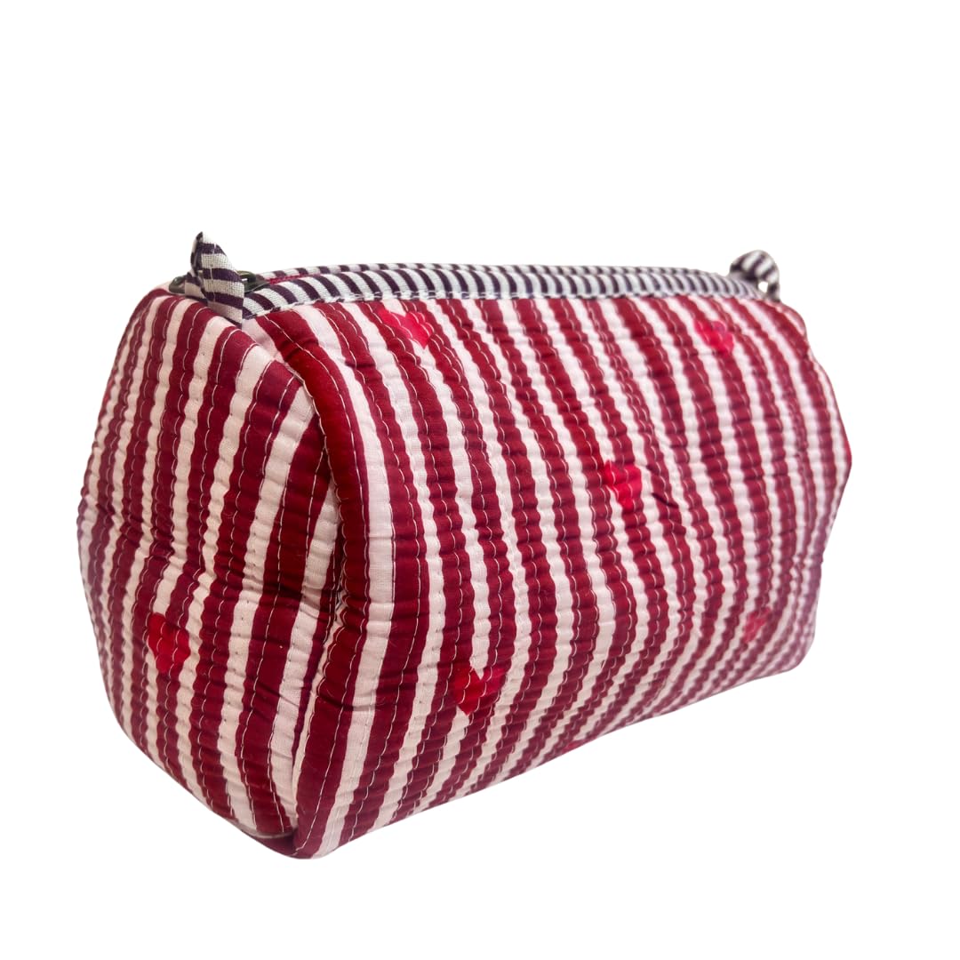 Quilted Cotton Travel Organizer Bag Set of 3 β Waterproof Toiletry Pouch, Cosmetic Makeup Bag & Multipurpose Travel Pouches for Women & Men, Handcrafted Block Print (Heart Red) 2