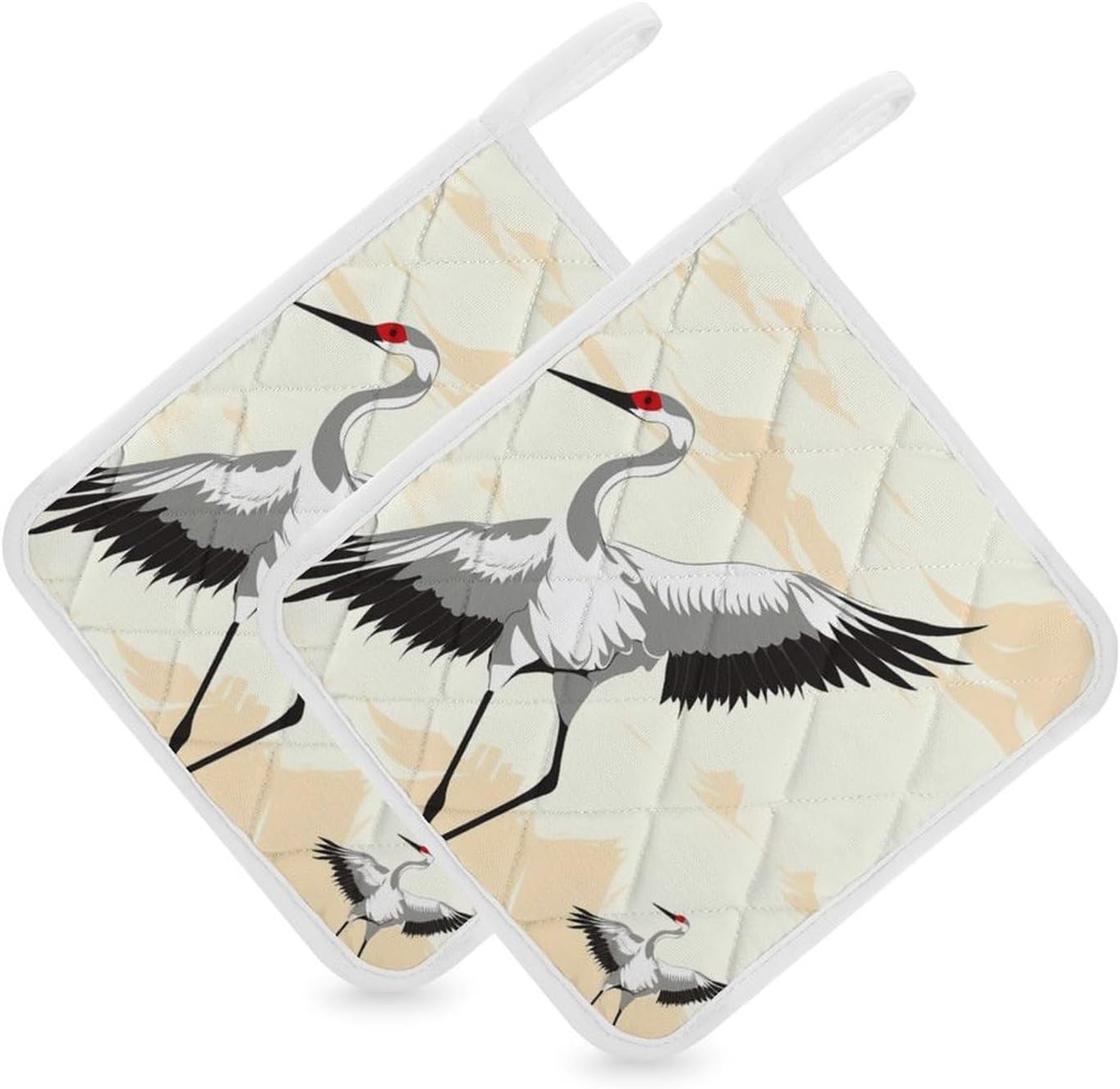 Pot Holder Set of 2 Japanese Crane Printed Potholders for Kitchens Heat Resistant & Non Slip Potholders for Kitchen Cooking Baking BBQ