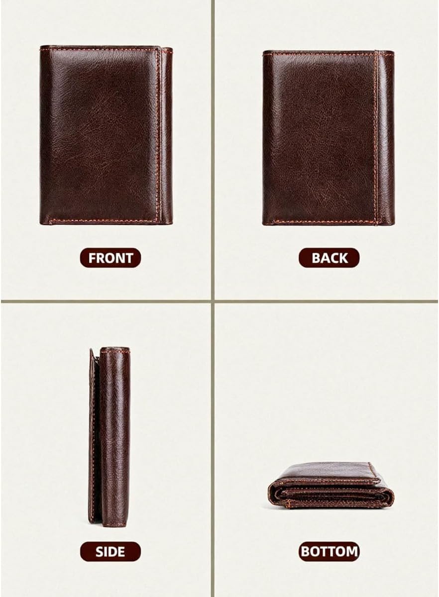 Genuine Leather Wallet Trifold Slim RFID Blocking Large Capacity Multi Card Slots Ultra Thin Easy Carry Front Pocket for Men (Coffee) - Image 3