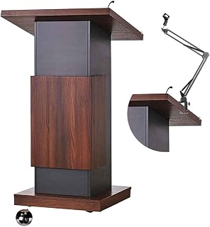 Portable Podium Stand Mobile Lectern with Locking Wheels and Adjustable Microphone Stand, Conference Room Wooden Podium Table, Reception Podium Desk for Auditorium Classroom (Brown)