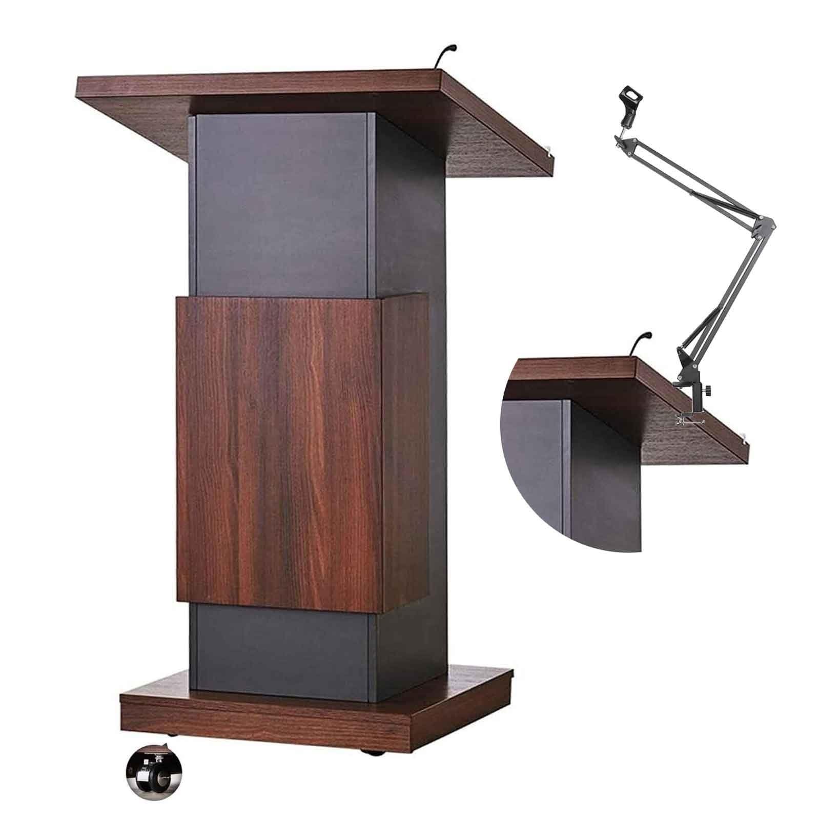 Npeeson Portable Podium Stand Mobile Lectern with Locking Wheels and Adjustable Microphone Stand, Conference Room Wooden Podium Table, Reception Podium Desk for Auditorium Classroom (Brown)