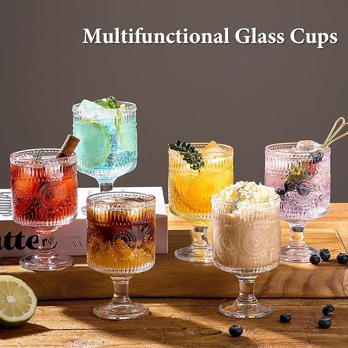 BGTTI 6 Packs Vintage Goblet Glasses, Handcrafted Art Deco Crystal Goblets, Drinking Goblets, Bar Tumbler Glassware for Iced Tea, Wine, Beer, Juice, Cocktail, Whiskey, 8.5 oz Wine Glasses