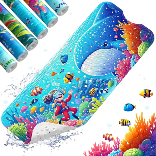 XIYUNTE Baby Bath Mats Non Slip Anti Mould - 100x40cm Extra Long Non Slip Bath Mat for Kids, Eco-Friendly Toddler Bath Mat with Suction Cups for Secure Grip, Easy to Clean & Easy Drying, Blue Shark
