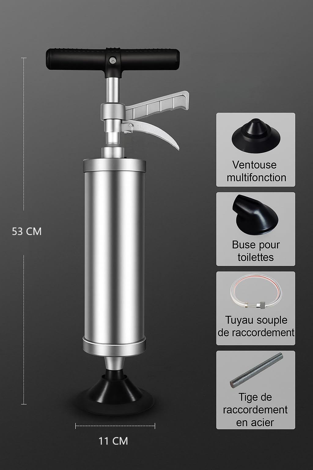 BRÜTAL Déboucheur Canalisation Haute Pression à Air Comprimé – WC Évier Lavabo Douche – Pistolet Déboucheur Pneumatique Professionnel 4 Bars, Manomètre, Cuve Inox & 3 Embouts – Sans Produit Chimique