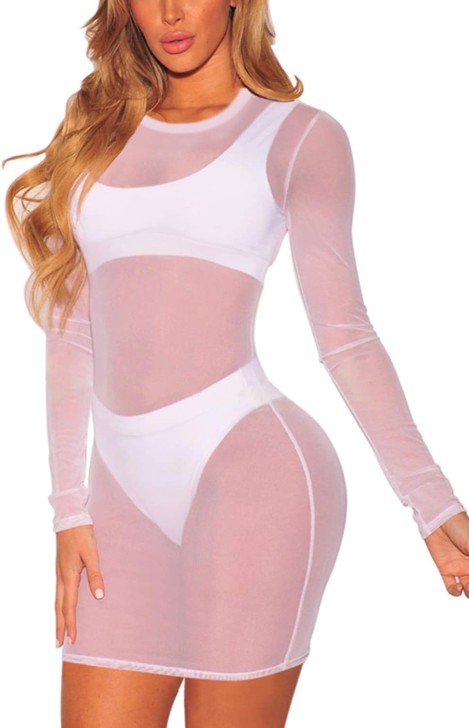 COCOLEGGINGSWomen's Sheer Mesh Long Sleeve Beach Cover Up Dress
