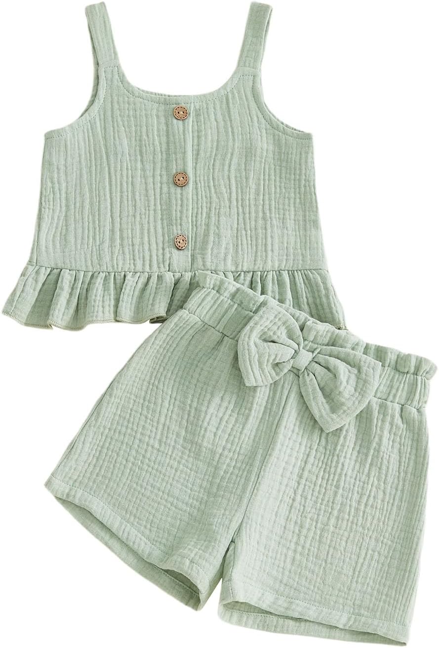 Tsultryofs Baby Girl Clothes Toddler Infant Summer Outfit Sleeveless Ruffle Tank Tops and Casual Shorts Set 2 Piece