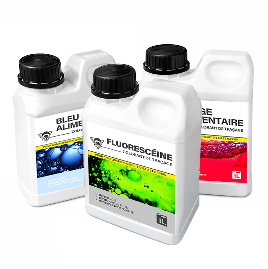 Méduze - Pack 3 x colorant de traçage prêt à l'emploi 1 Litre - Fluorescéine, Rouge et bleu alimentaire - Précision et visibilité maximale