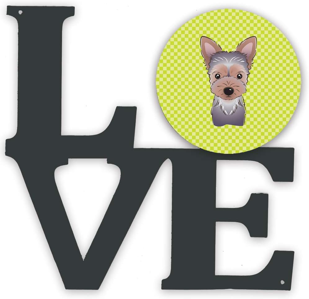 Caroline's Treasures BB1294WALV Checkerboard Lime Green Yorkie Puppy Metal Wall Artwork Love Indoor Outdoor Art Decor Patio, Bathroom, Kitchen Colorful Aluminum and Black Steel Sculpture