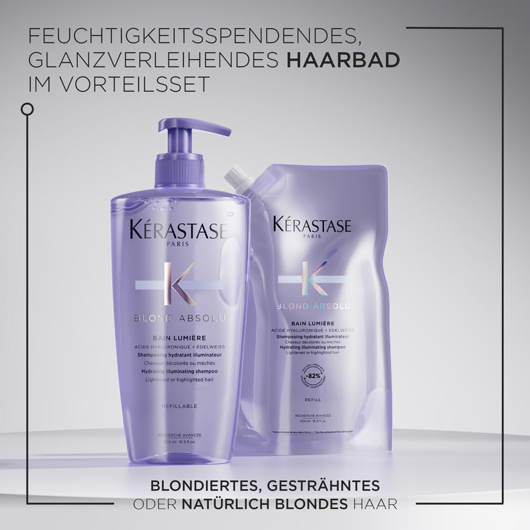 Kérastase Blond Absolu Bain Lumière Nachfüllset, Feuchtigkeitsspendendes Shampoo für blondes/blondiertes Haar, Enthält: Blond Absolu Bain Lumière 500 ml im Pumpspender sowie 500-ml-Nachfüllpackung