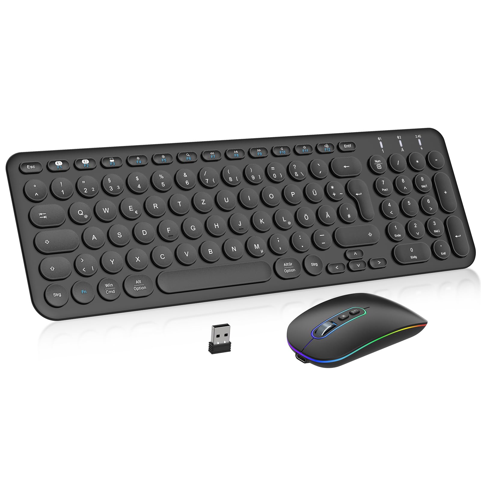 PINKCAT Bluetooth Tastatur Maus Set kabellos, Wiederaufladbare Dualmodus (Bluetooth 5.1+2.4G) Kabellose Tastatur und Maus, Extrem-Dünne Tastatur für Mac, iPad, Apple, Andoid, Windows (Schwarz)