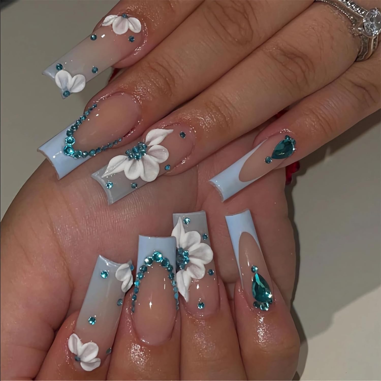BABALAL Blue French Tip Press on Nails - 3D Flower Design