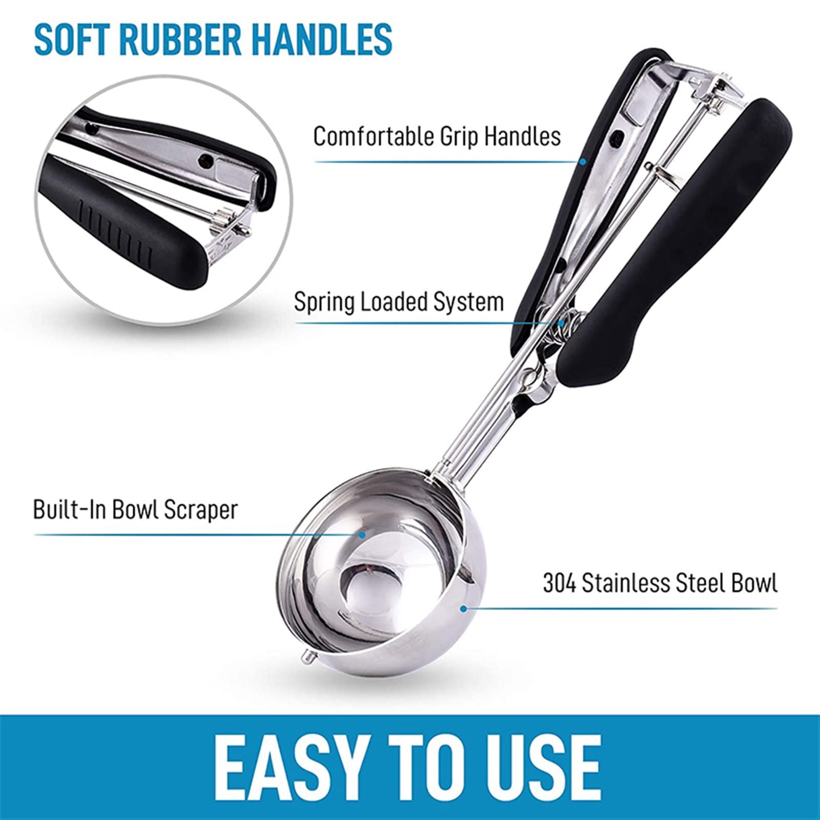 JINGYAN Cuillères à glace Stainless Steel Ice Cream Spoon Antiskid Rubber Handle(Black)