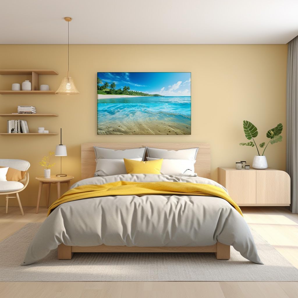 Canvas for Living room. Serenity by the Shore � A Mesmerizing Blend of Blue Seas, Pristine Sands, and Lush Palms, 27 x 18 inch Canvas Wall Art - Ready to Hang - 69x46 cm (27x18 inch)