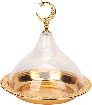 Luqeeg Serving Dish with Acrylic Clear Dome, Golden Vintage Serving Platter Eid Mubarak Cake Tray Ramadan Serving Tray Dessert Plate for Home Party Cafe Wedding Dining Rooms
