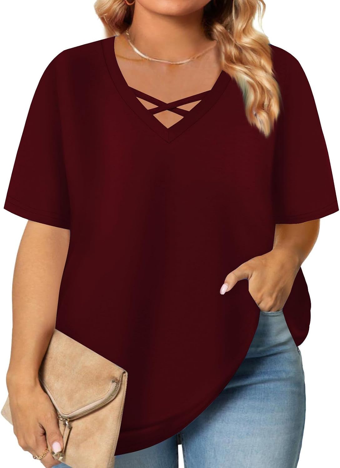 Womens Oversized T Shirts Crossover V Neck Plus Size Blouses Short Sleeve Casual Tunic Blouse 2026 Fashion