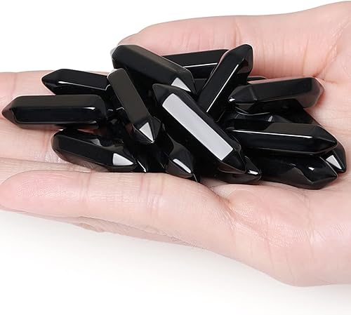 Juego de 10 varitas de obsidiana negra con cristales curativos pulidos, piedras pulidas a granel naturales hexagonales puntiagudas Reiki Energía