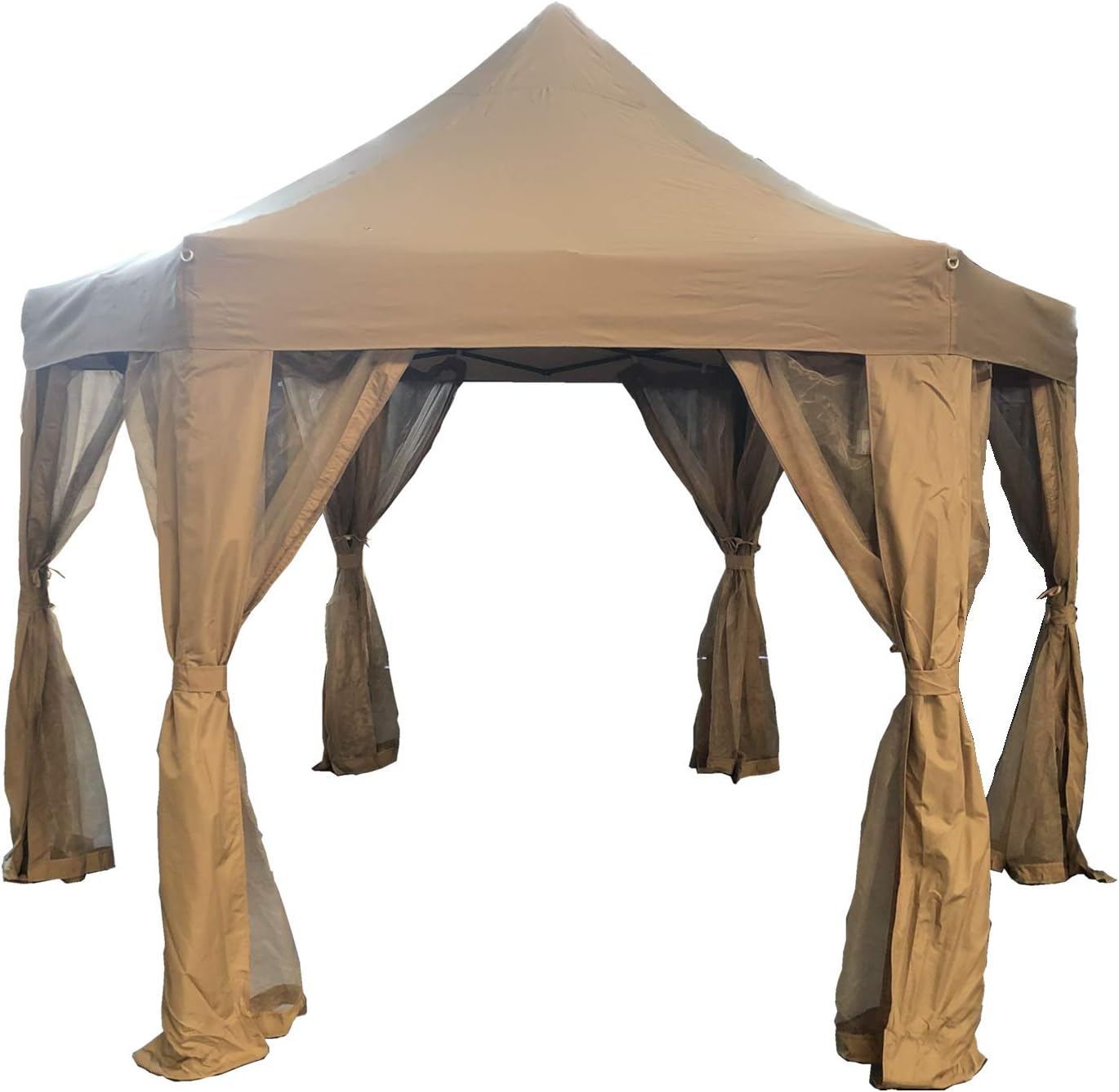 KEXMY Garden Classics® HORWOOD GARDEN METAL FRAME POP UP FOLDING HEXAGONAL GAZEBO BEIGE FABRIC 3.6M X 3M WITH NET CURTAINS