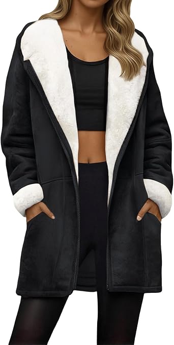Winter Coats for Women Long Thicken Sherpa Fleece Jacket Long Distressed Toggle Hooded Parka Faux Suede Pea Coat