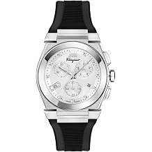 Ferragamo Vega Chrono Mens Watch, Swiss Made Luxury Designer Watch for Men with Silver Guilloche Dial, 40mm Stainless Steel Case, Black Silicone Strap, Deployant Clasp, 5 ATM