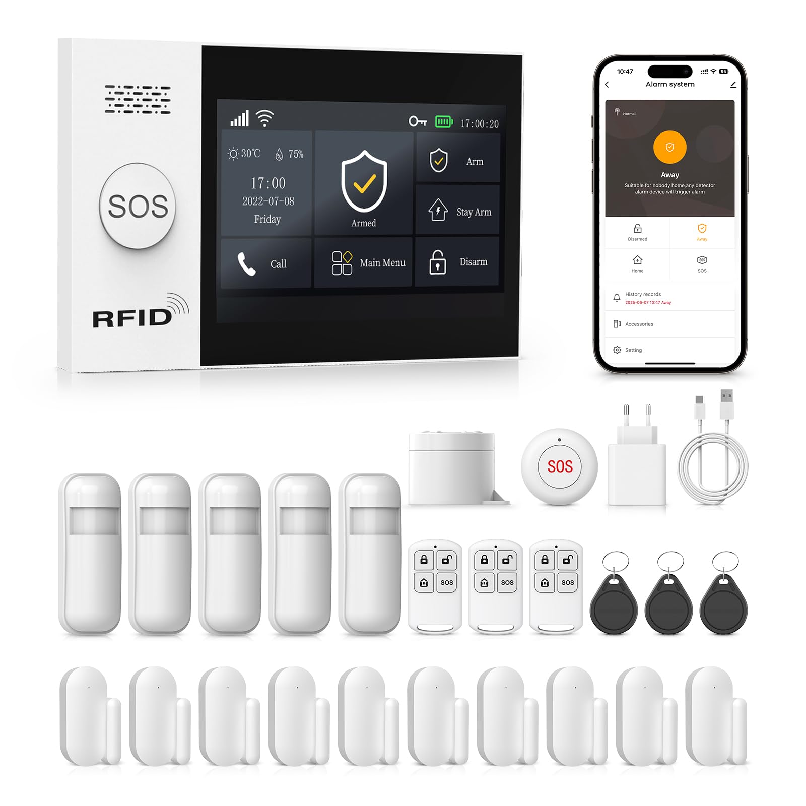 PGST Kit Alarma Casa con Aviso al Movil, Sistema de Alarma para Casa WiFi y gsm sin cuotas con Pantalla Táctil 4.3” y Batería de 1000 mAh, Aplicación Tuya Smart Life, Alexa y Google