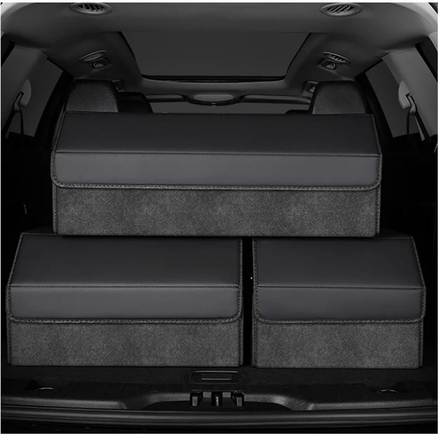 Premium Suede Car Trunk Organizer - Light Luxury Foldable Storage Box for Stowing & Tidying | Interior Auto Accessories for SUV/Sedan | Elegant Vehicle Solution (Beige/Charcoal)(CS:38X32X29cm)