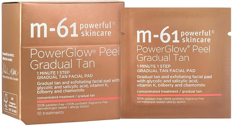 m-61 PowerGlow Peel Gradual Tan — Pads faciais esfoliantes com ácidos glicólico e salicílico, 10 unidades