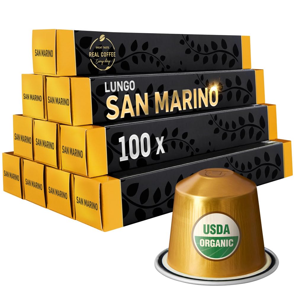 San Marino Organic Italian Lungo for Nespresso | 100 Organic Aluminum Capsules | Eco-Friendly Medium Roast | 100% Nespresso Compatible Pods | Fairtrade
