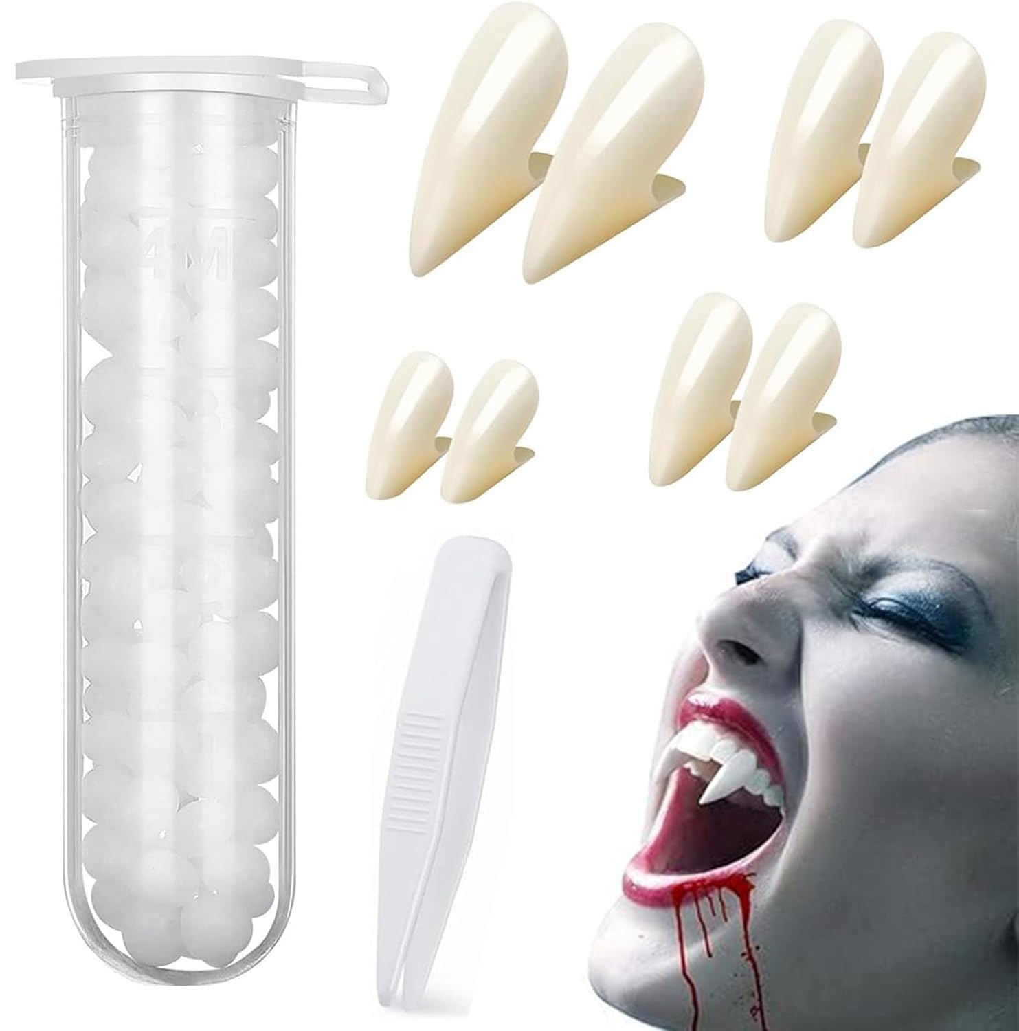 Vampire Teeth, 4 Pairs Halloween Vampire Fangs Cosplay Kit, Vampire Teeth with Pellets Adhesive, Fake Dentures for Cosplay Props Party Favors Masquerade Accessories