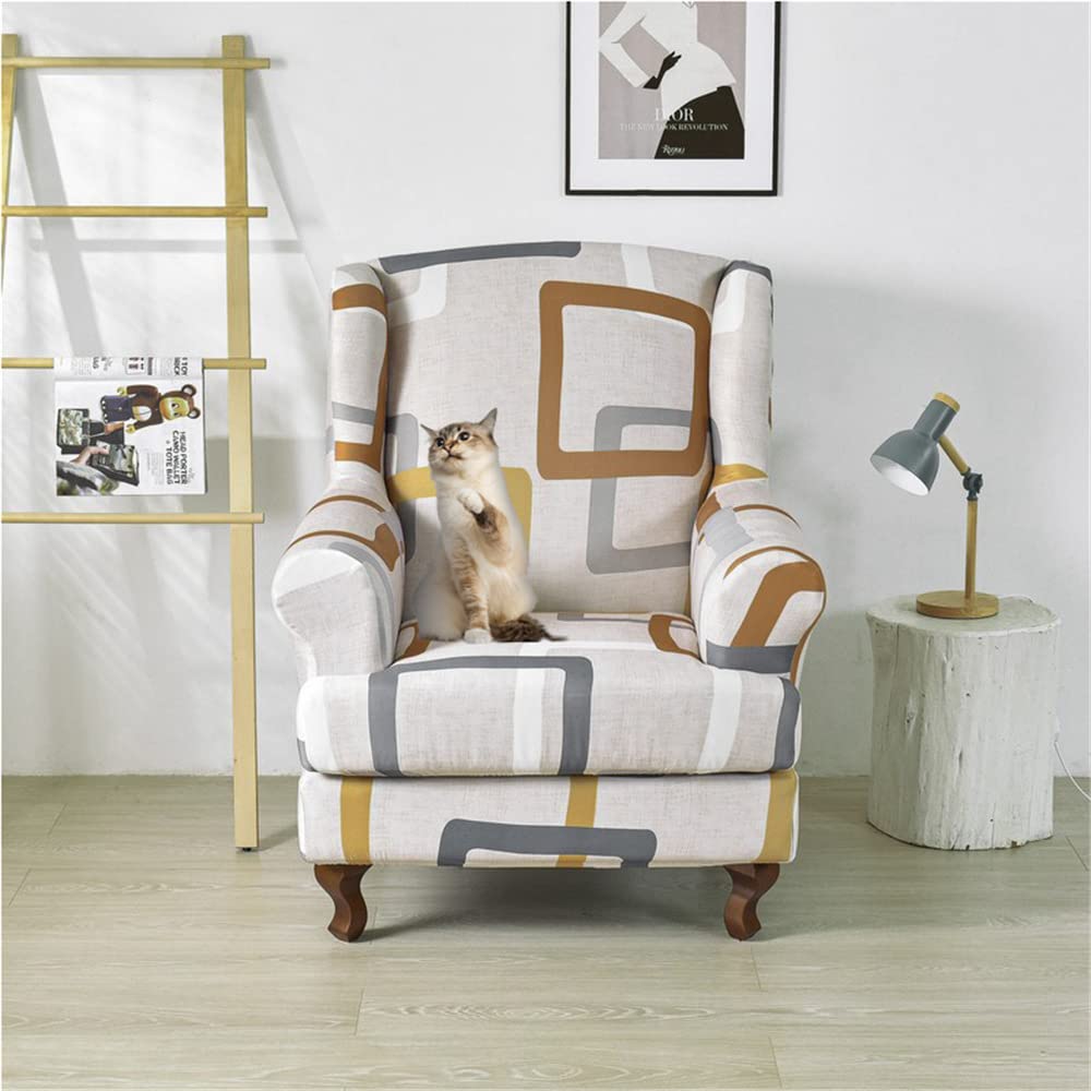Highdi Khaki Rectangle Wingback Chair Covers Stretch Wing Chair Slipcover 2 Piece, Fashion Geometry Printing Sofa Cover Furniture Protector For Strandmon Armchair Chairs Living Room Hotel Bedroom (Khaki Rectangle)