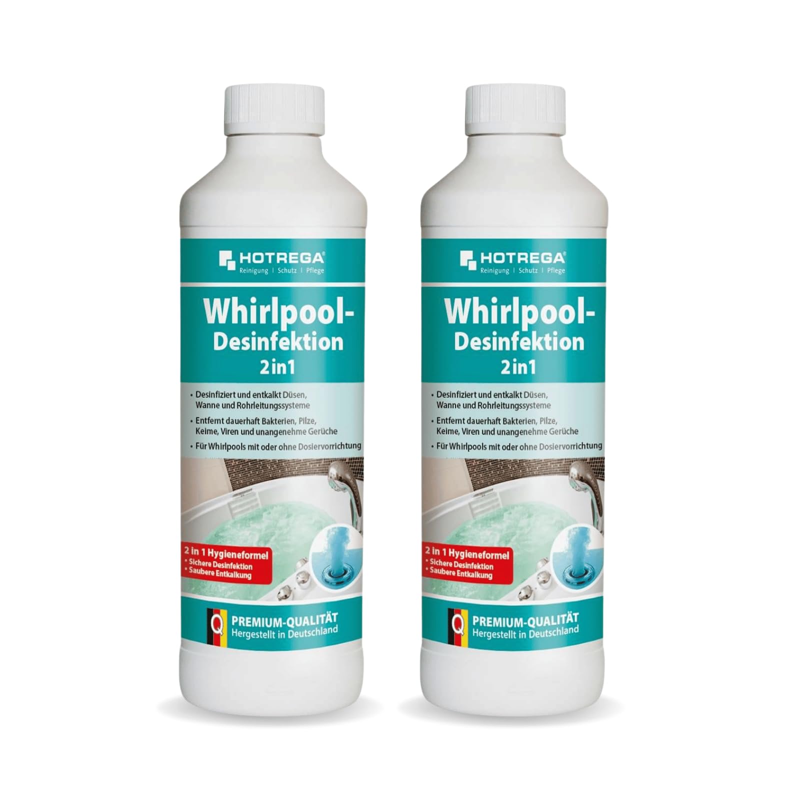 HOTREGA Whirlpool Desinfektionsmittel 2x 500ml | Biozid Entkalker & Pflege | Whirlpool Reiniger für Düsen, Wannen & Leitungen | Gegen Bakterien & Viren | Effektive Whirlpool Desinfektion | 1L Set