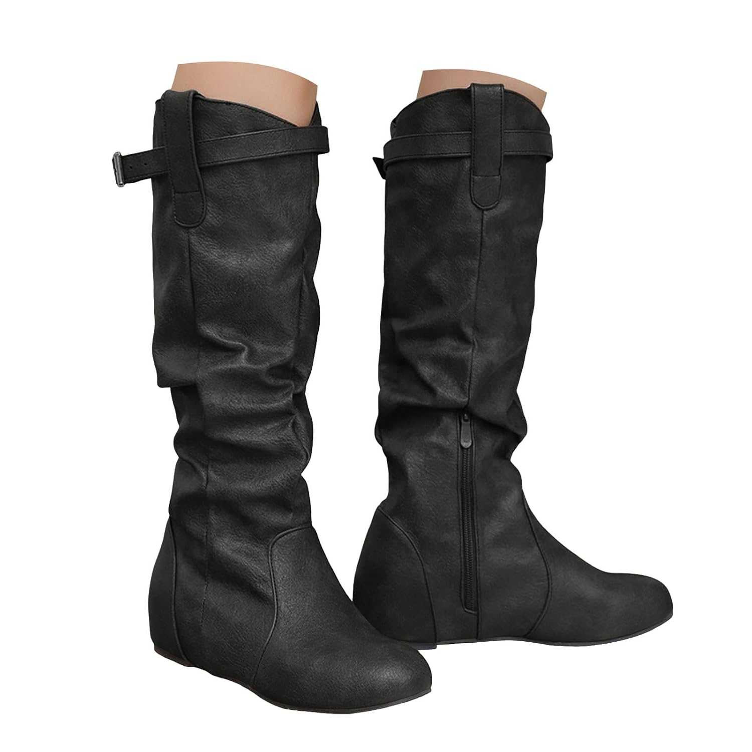 Womens Slouchy Knee High Boots Pull On Flat Side Zipper Long Boots for Women Faux Leather Round Toe