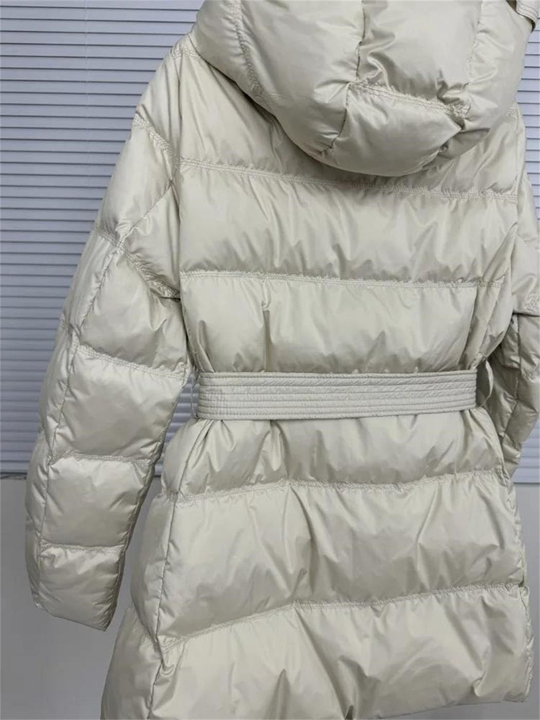 Women’s Duck Feather Jacket Winter Hooded Belted Mid Length Down Coat Slim Casual Fashion Warm Outwear
