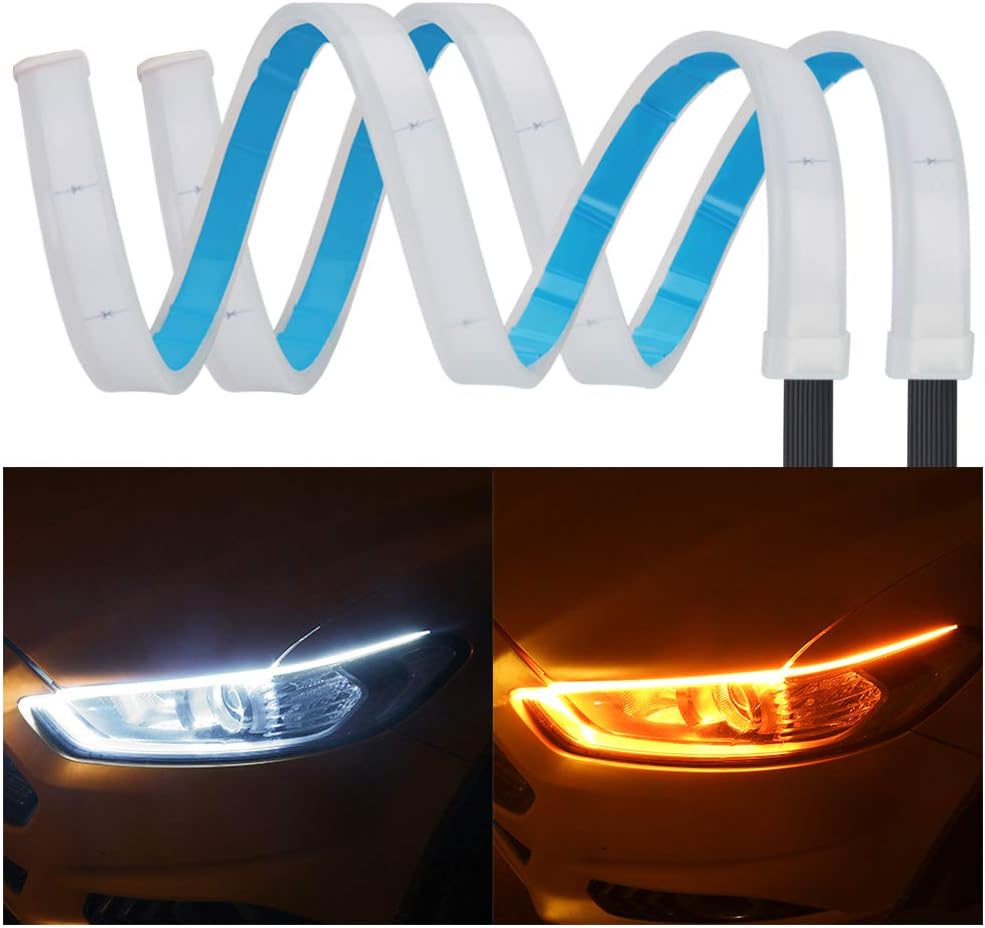 YANF 2-Pack 24 Inches DRL LED Light Strip, White-Amber Sequence, Flexible and Durable, Waterproof and Buckled Plug Design, Easy to Install, Fit for Any 12V Vehicle