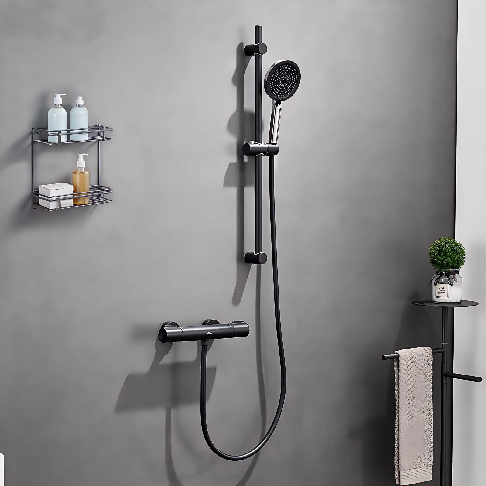 Auralum Columna de Ducha con Grifo Ducha Termostatico,Barra Ducha de Acero Inoxidable (70cm) con Alcachofa(4 Funciones),Inox Manguera(150cm),Soporte, Negra