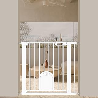 Fairy Baby ベビーゲート ペットドア付き 取付幅75-89CM 猫 犬 ゲート 高さ76cm ベビーフェンス 突っ張り式 ダブルロック 自動閉鎖 両開き扉 赤ちゃんゲート ベビーガード 玄関 階段 拡張フレーム付き ホワイト