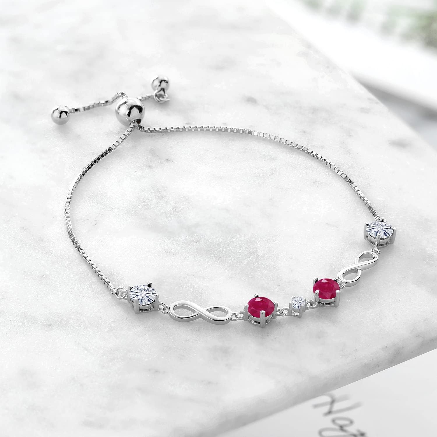 Gem Stone King Keren Hanan 925 Sterling Silver Women Adjustable Infinity Tennis Link Bracelet Round Red Ruby and Moissanite (2.17 Cttw) - Image 3
