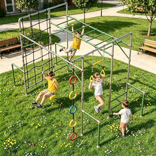 Outdoor 5 in 1 Monkey Bars for Kids,Green Metal Swing Sets for Backyard with 5 Rings Climbing Rope,Monkey Bars Kit with 1 Trapeze Swing Bar and 1 Belt Swing, Jungle Gym with Climbing Net