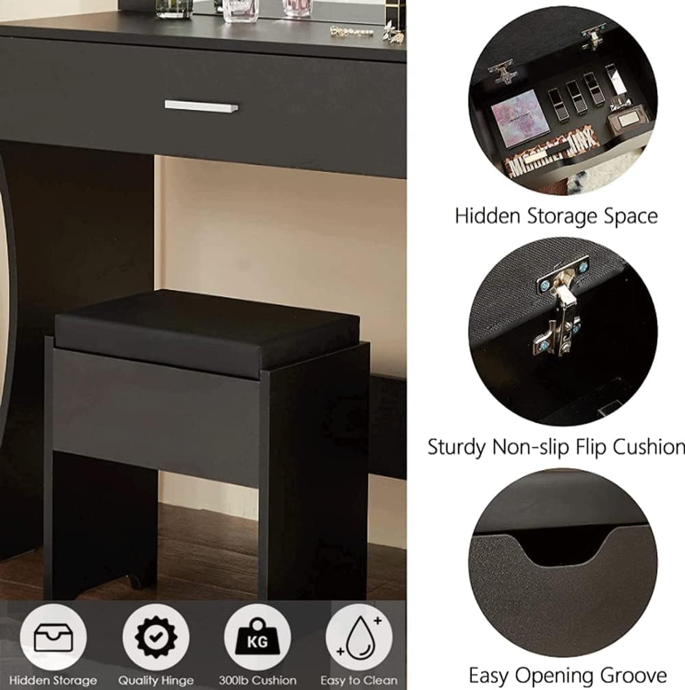 Vanity Table Set with Lighted Mirror, Makeup Vanity Desk for Girls Women, Larger Drawer and Cushioned Stool with Extra Storage Space