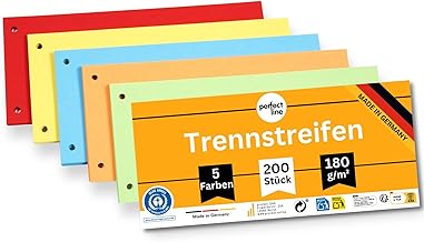 perfect line • 200 Dividers for A4 Folders, Recycled Cardboard Dividers, Made in Germany, 5 Colours, Punched (Intensive)