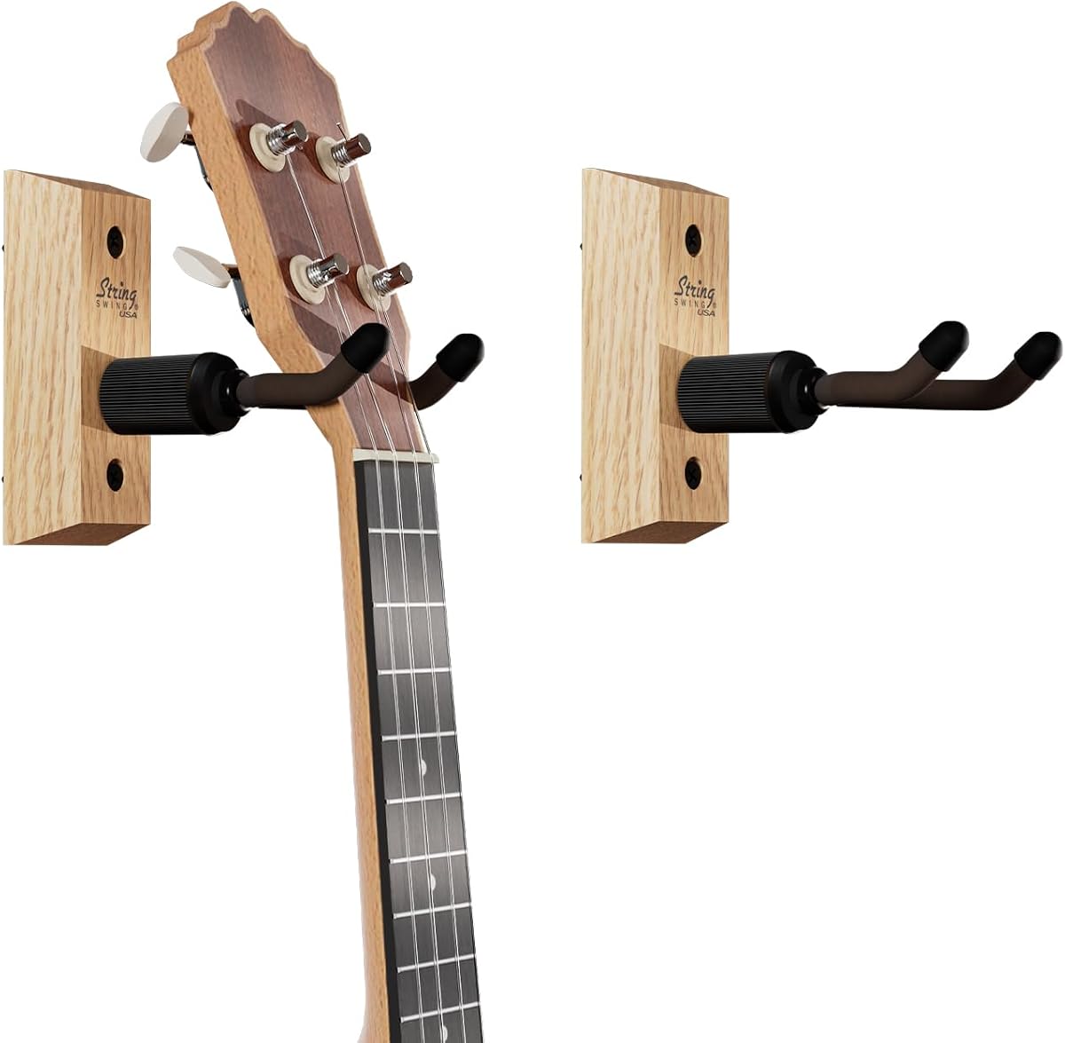 String Swing Ukulele Wall Mount Stand for Mandolin Uke Concert Pineapple Soprano Tenor and Baritone Compatible Case Alternative Kit for Home or Studio – Oak Hardwood (2 Pack)