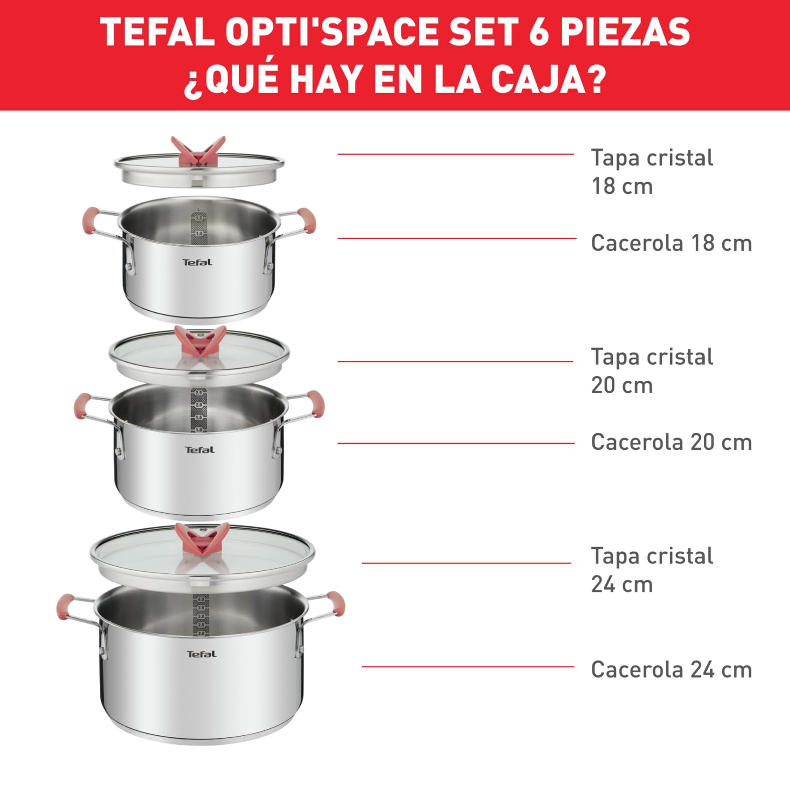 Tefal Optispace - Juego de 3 Ollas 18/20/24 cm + 3 Tapas, Apto inducción, Thermo-Fusion, marcas medición, apto lavavajillas y horno, acero inoxidable