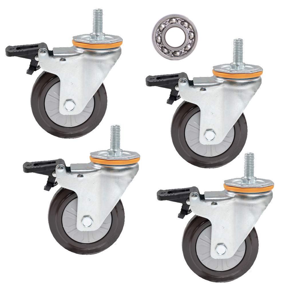 Yuzguhey 4Brake 4Pcs Swivel Rubber Caster Wheels Heavy Duty Dual Locking Casters With Threaded Stem 4 Inch For Carts Workbench Trolley(,M14)