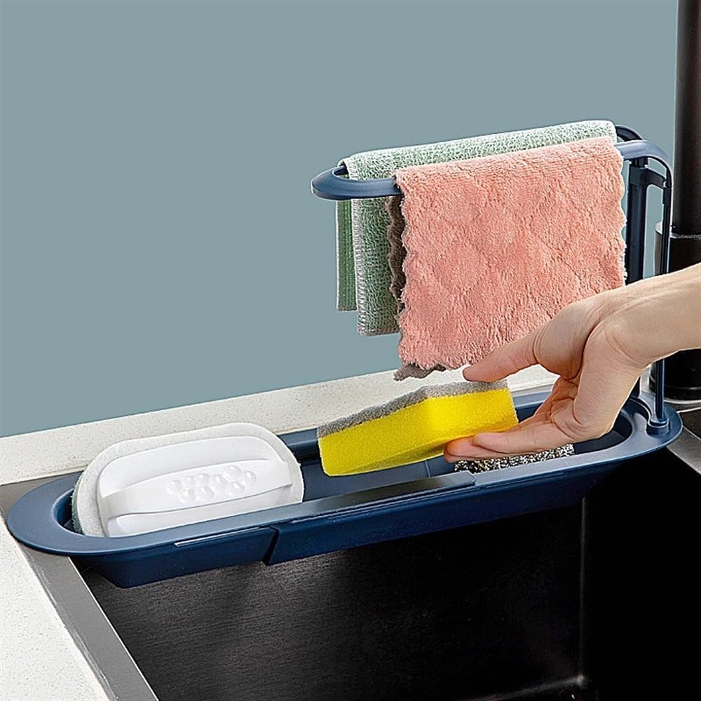Étagère De Rangement Télescopique en Plastique pour évier, Porte-éponge, Savon, Serviette, égouttoir Réglable, Organisateur De Cuisine, Accessoires, Grey, One Size