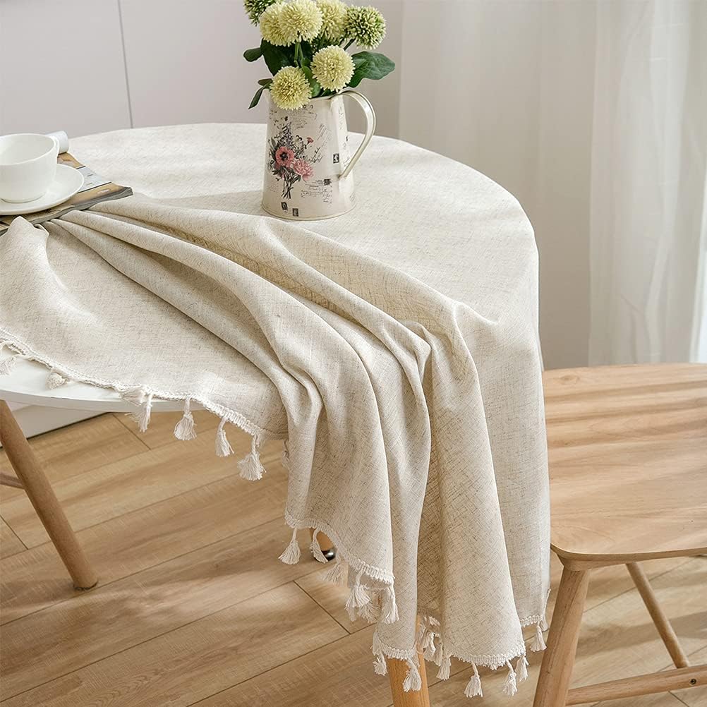 Aothpher Solid Color Round Tablecloth with Tassels Cotton Linen Table Cover for Kitchen Dining Farmhouse Tabletop Decoration (Round 60 Inch, Neutral)