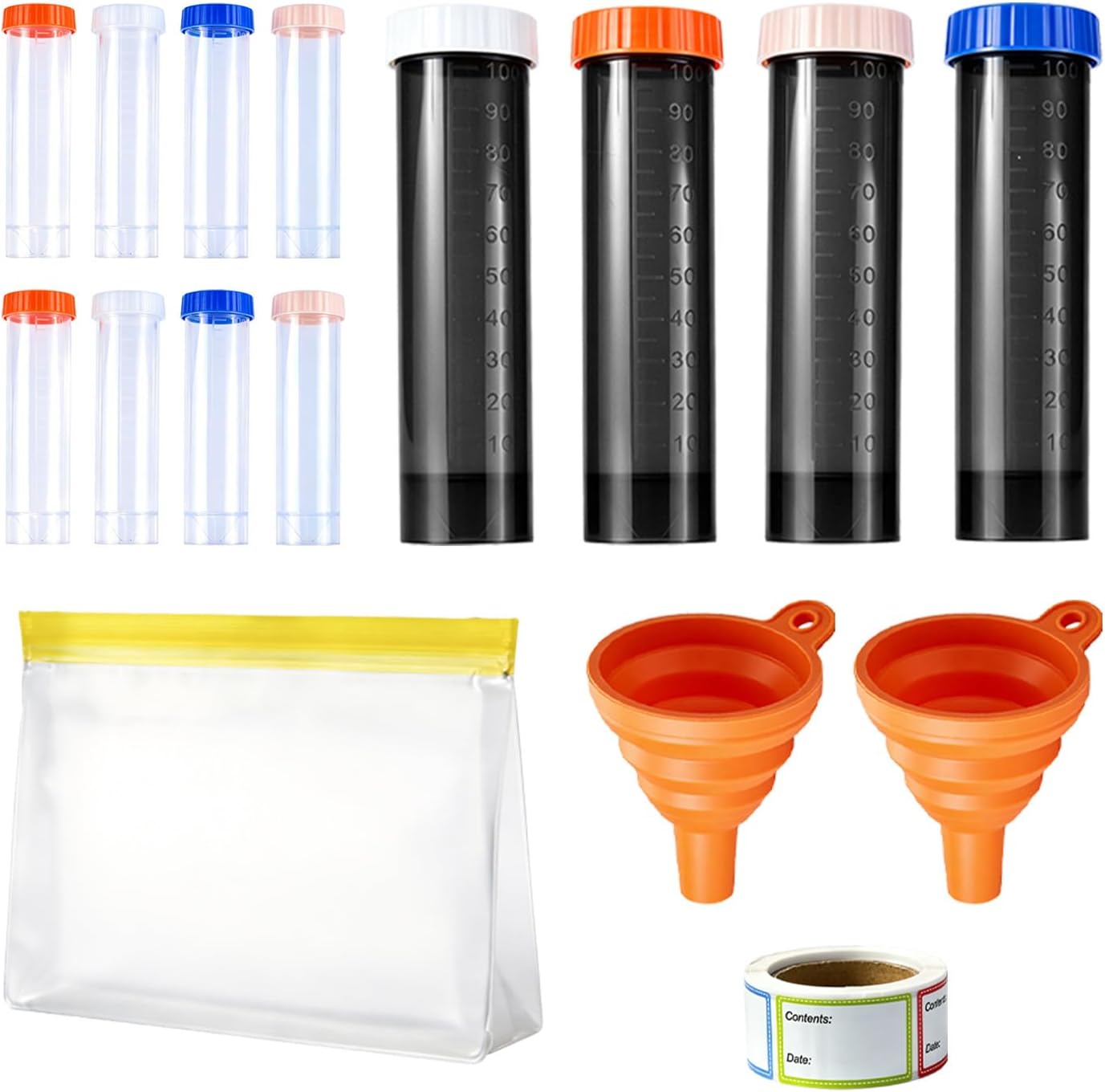 Protein Powder Travel Containers to Go, 12-Pack 100ml Leakproof Reusable Powder Containers with Labels, Funnels and Storage Bag for Fitness, Work, Travel and Daily Use