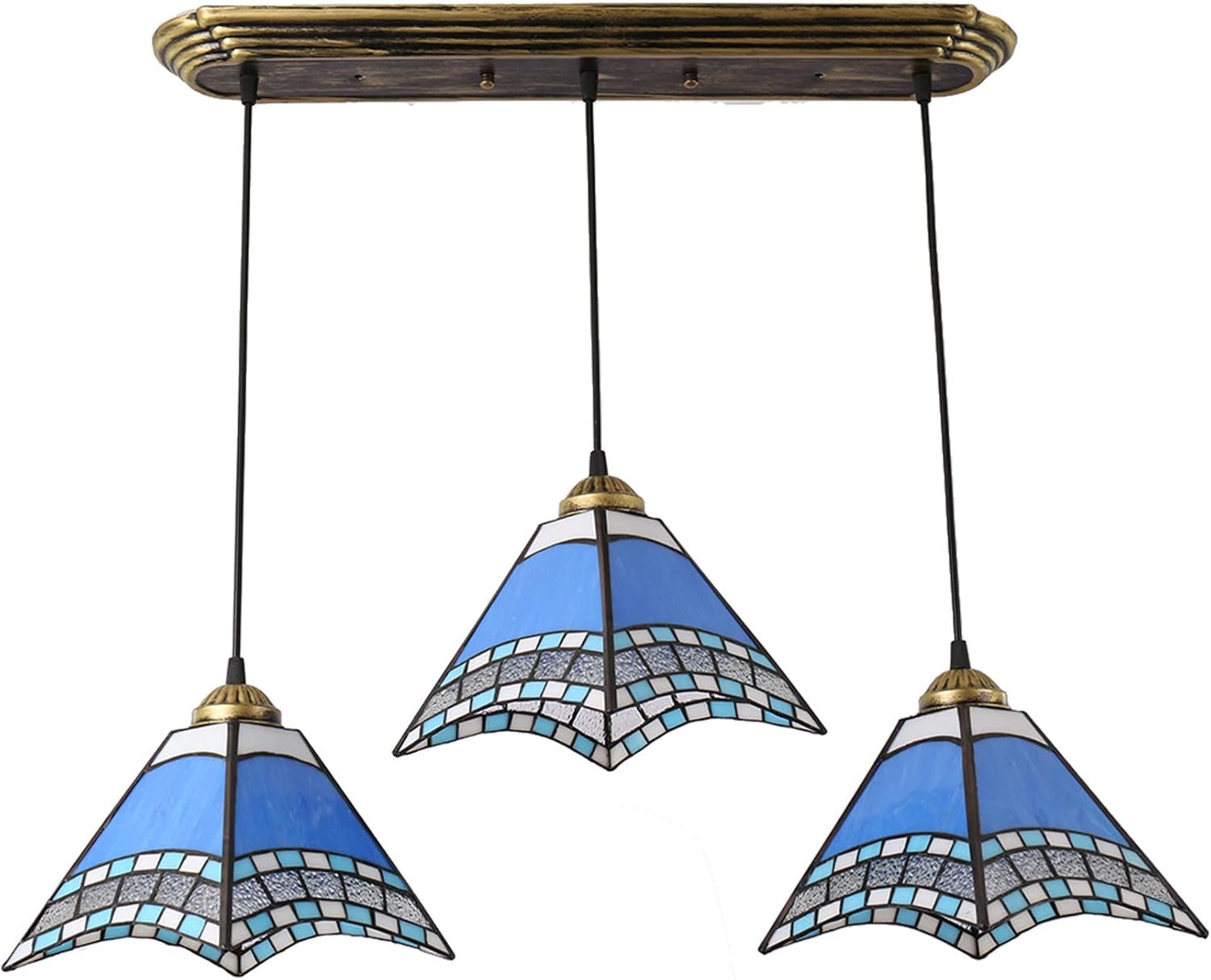 3-Light Pendant Lamp Tiffany Style Stained Glass Kitchen Island Lights Blue Lampshade Vintage Ceiling Lighting Fixture for Kitchen Island Dining (Blue A) (Light Blue A)