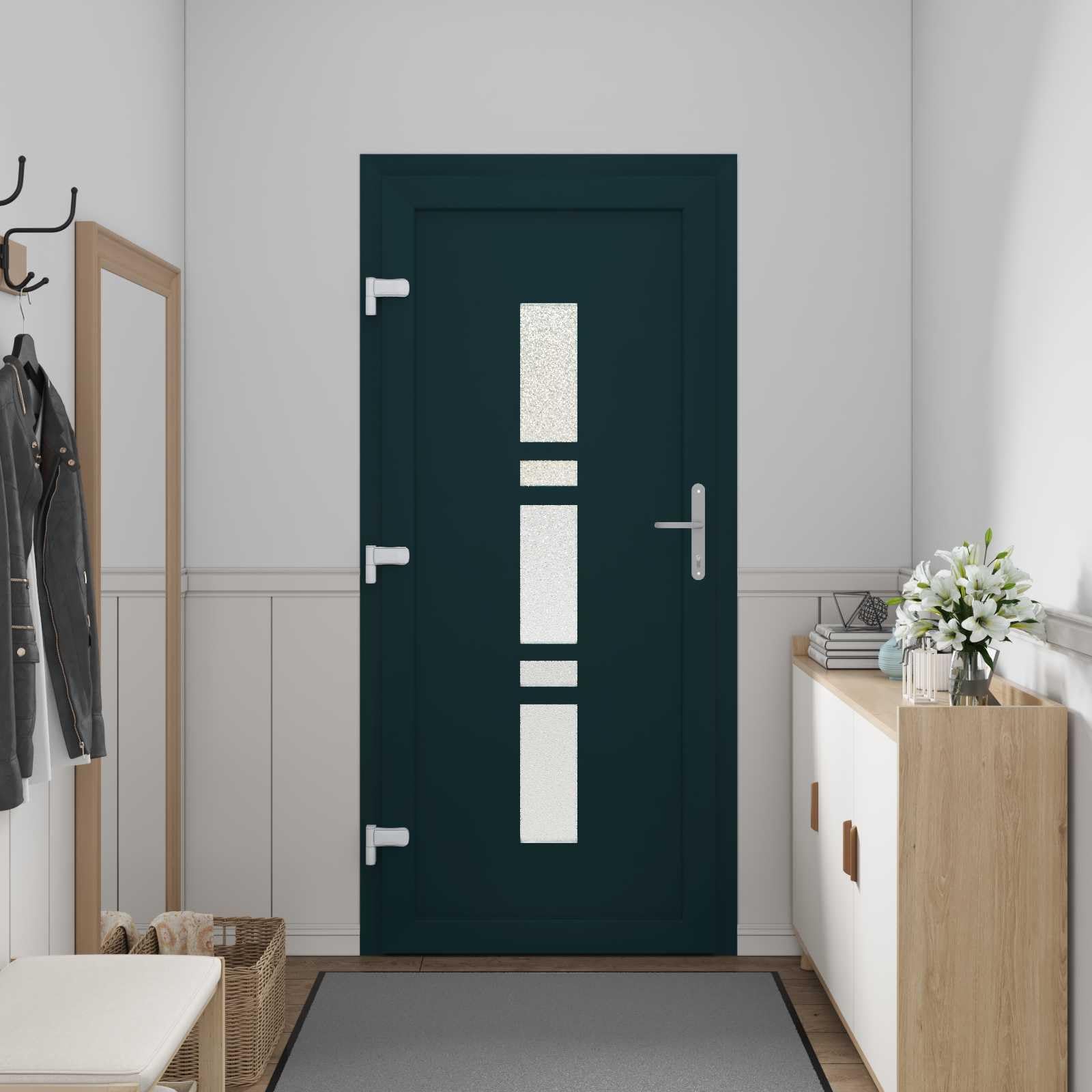 Vordertür Anthrazit 98 x 200 cm PVC Haustür mit Glas, Einbruchhemmend, Wärmedämmung, Schallschutz, inkl. Schloss, Beschlag, Zarge, Rahmen für Neubau und Renovierung